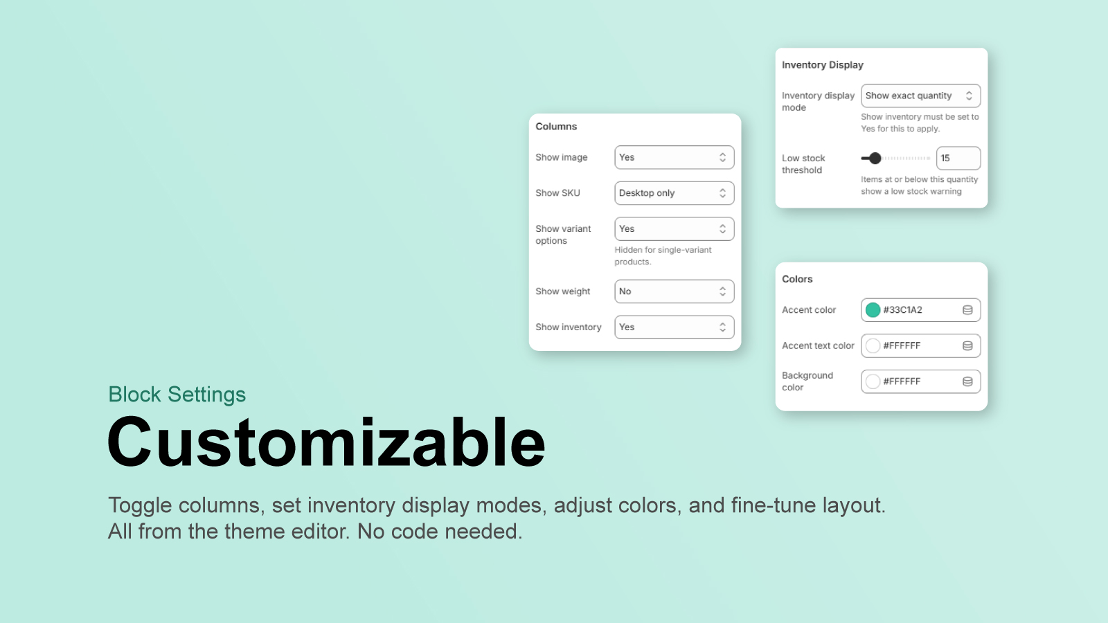 Theme editor settings panels showing column toggles, inventory display modes, and color customization